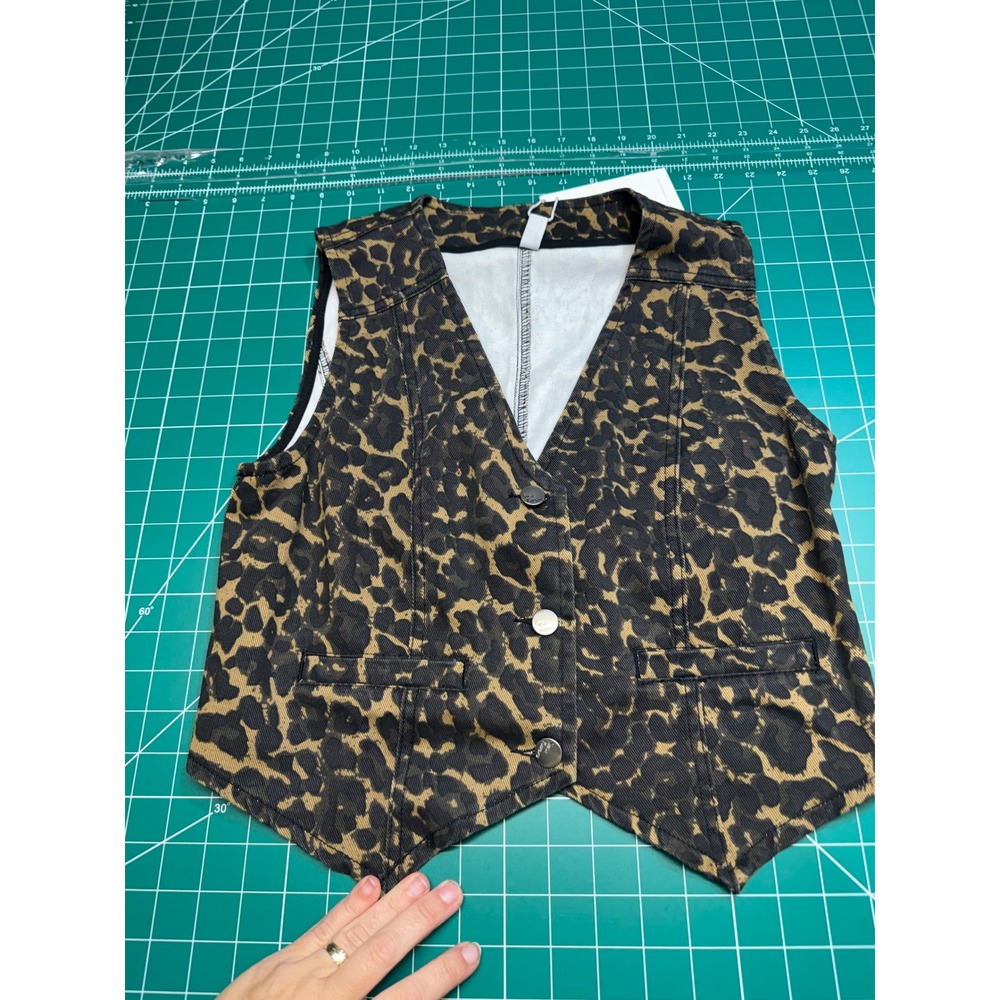 ELLEVEN Women Leopard Print Denim Vest Brown Black Button Front Cotton E202 S